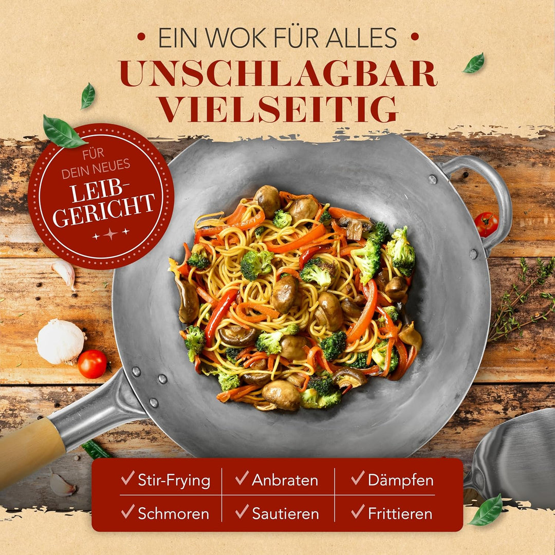 KRUSTENZAUBER 36cm Wokpfanne runder Boden - Traditionelle Stahlwokpfanne mit Wokwender u. Wokring -