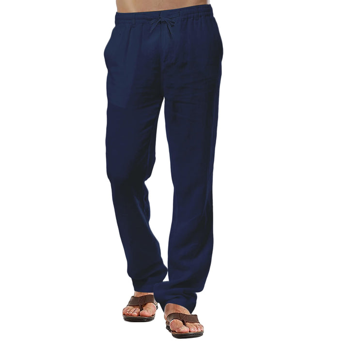 Herren-Leinenhose, lässige Baumwollhose, Sommerhose, Strandhose, leichte Hose mit Kordelzug M Marine