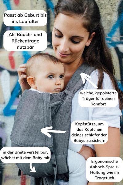 Babytrage Fräulein Hübsch SoftTai V2 Babysize Graphite ab Geburt bis Kleinkindalter (Gr. 50/56-80/86