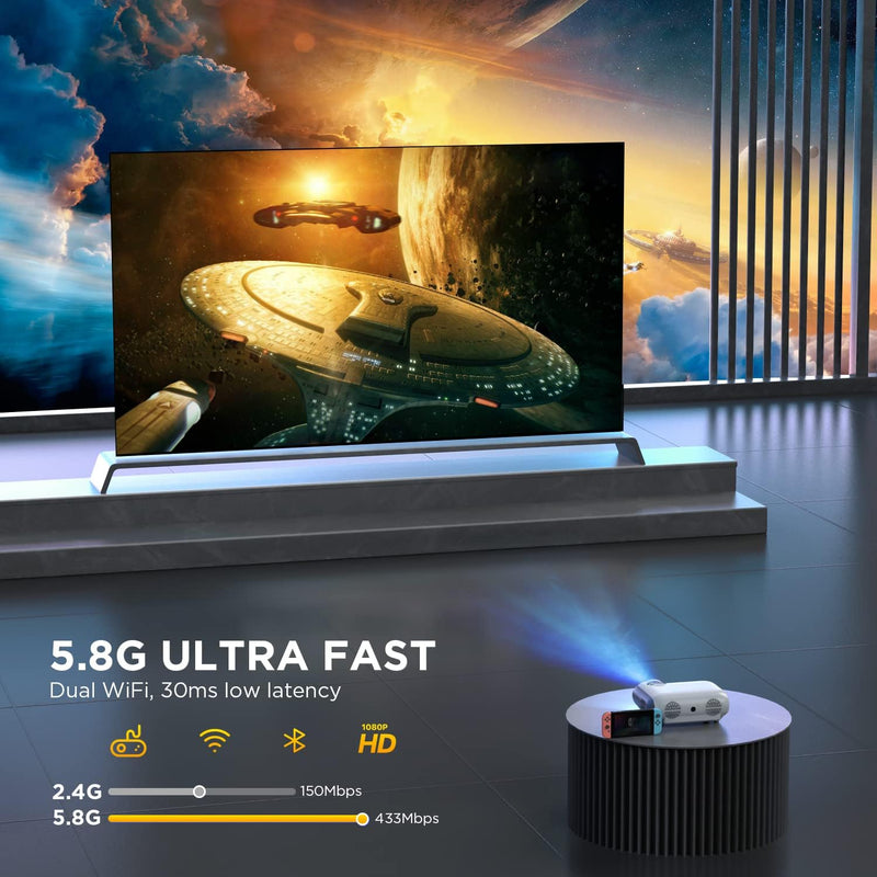 5G+2.4G WiFi Beamer Bluetooth 5.0, 1080P Tragbarer Projektor Unterstützung 7500 Lumen Heimkino Proje