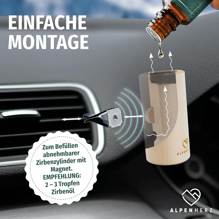 ALPEN HERZ Auto Lufterfrischer aus Zirbenholz wiederverwendbar Duftstecker Zirben Duft Geruchserfris