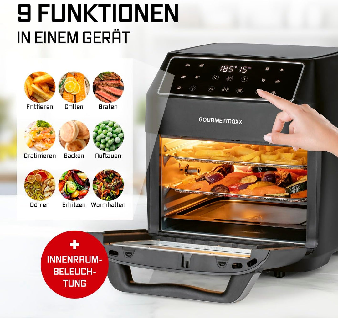 GOURMETmaxx Heissluftfritteuse 12 L Airfryer | Fritteuse mit 9 Funktionen, Touchdisplay, Dreh- & Sch