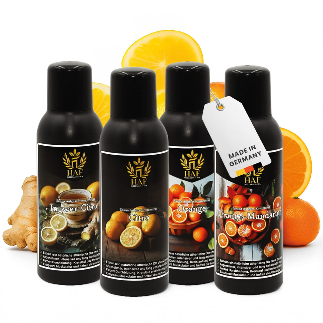 HAF Saunaaufguss Set „Zitrusfrüchte“ - 4 x 250ml Sauna Aufgussmittel Citro, Ingwer-Citro, Orange, Or