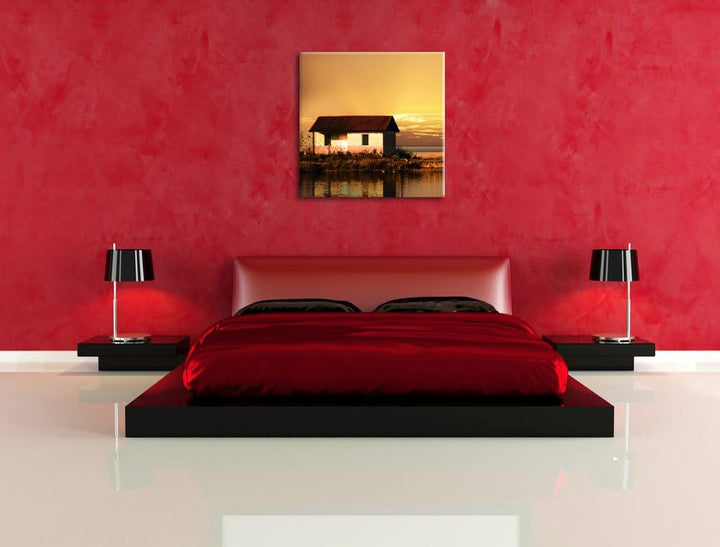 Pixxprint Haus am See bei Sonnenuntergang als Leinwandbild | Grösse: 70x70 cm | Wandbild| Kunstdruck