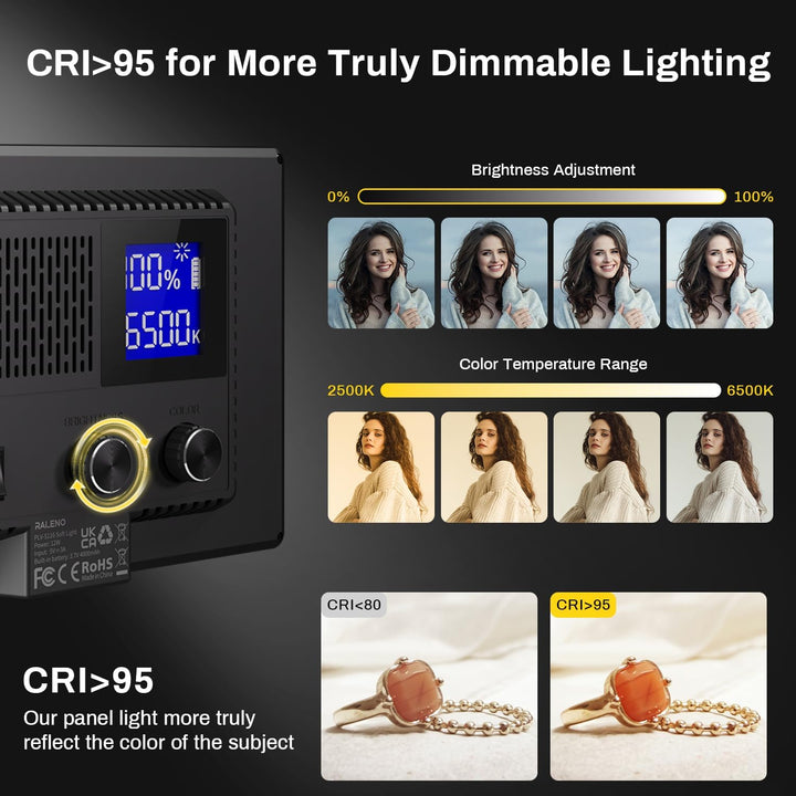 RALENO LED Kamera Video Licht, Eingebauter Wiederaufladbare Batterien 3200K-5600K Dimmbarer Zweifarb