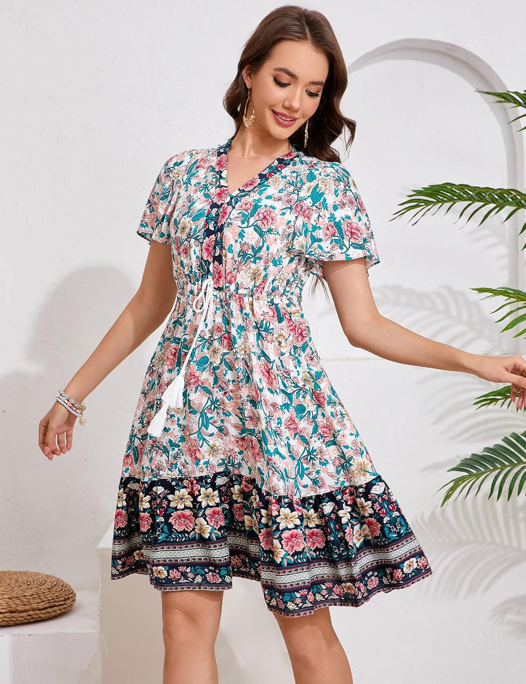 KOJOOIN Damen Sommerkleid Boho Tunika Kleid Kurzarm Minikleider V-Ausschnitt Strandkleid kurz Blumen