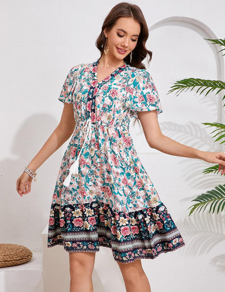 KOJOOIN Damen Sommerkleid Boho Tunika Kleid Kurzarm Minikleider V-Ausschnitt Strandkleid kurz Blumen