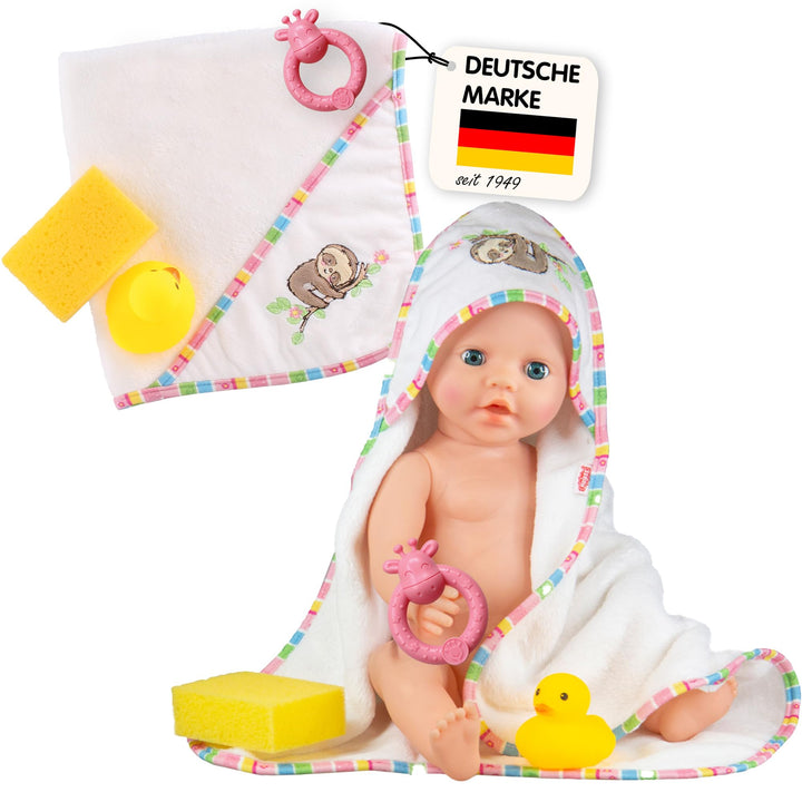 Heless 279 - Puppen-Pflegeset, 4 teilig, Kapuzenbadetuch inklusive Zubehör, Faultier Flauschi, für P