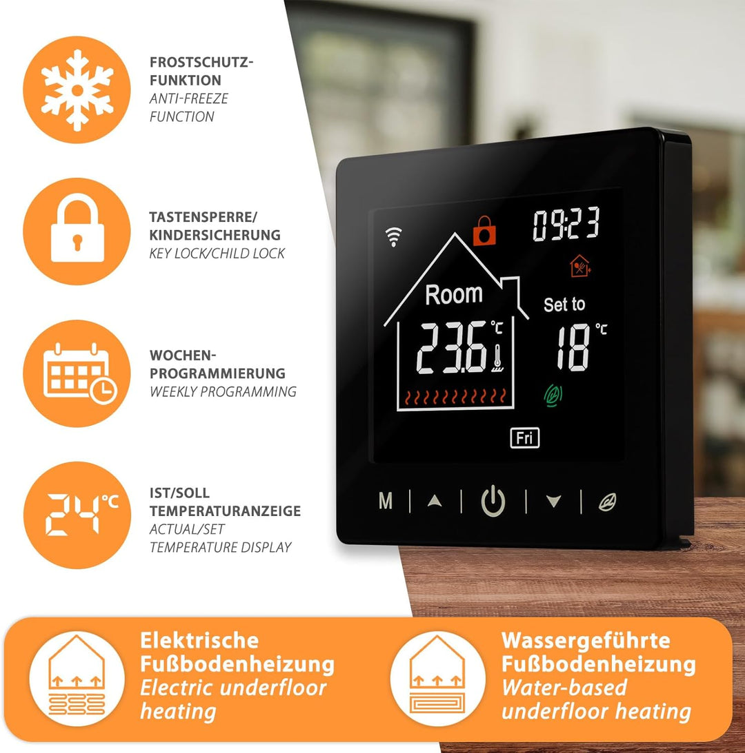 Mi-Heat M2 digital Thermostat WLAN & Bluetooth schwarz - Fussbodenheizung, Wasser und Elektro Fussbo