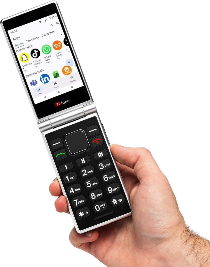 TTfone TT990 4G Flip Phone mit Android 14 (De-Googled), WhatsApp, 3,5 Zoll Touchscreen, SOS-Taste, g