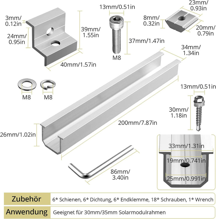 Anbte Solarmodul Halterung Kit, 6 Stück 200mm Kurzschiene aus Aluminium inkl. 6pcs Endklemme für Mod