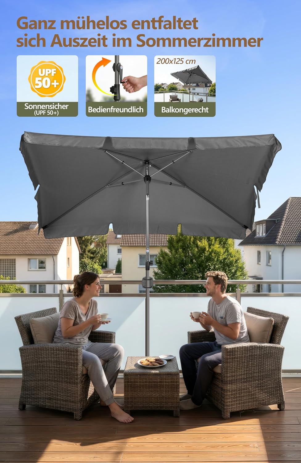 Menz Sonnenschirm, inkl. Sonnenschirmhülle - UPF 50+ Sonnenschirm rechteckig 200 x 125 cm, Sonnensch