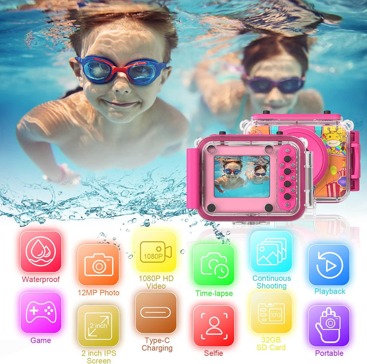 Ushining Kinderkamera Wasserdichte Kamera für Kinder, 1080P Digitalkamera Videokamera Selfie Kamera
