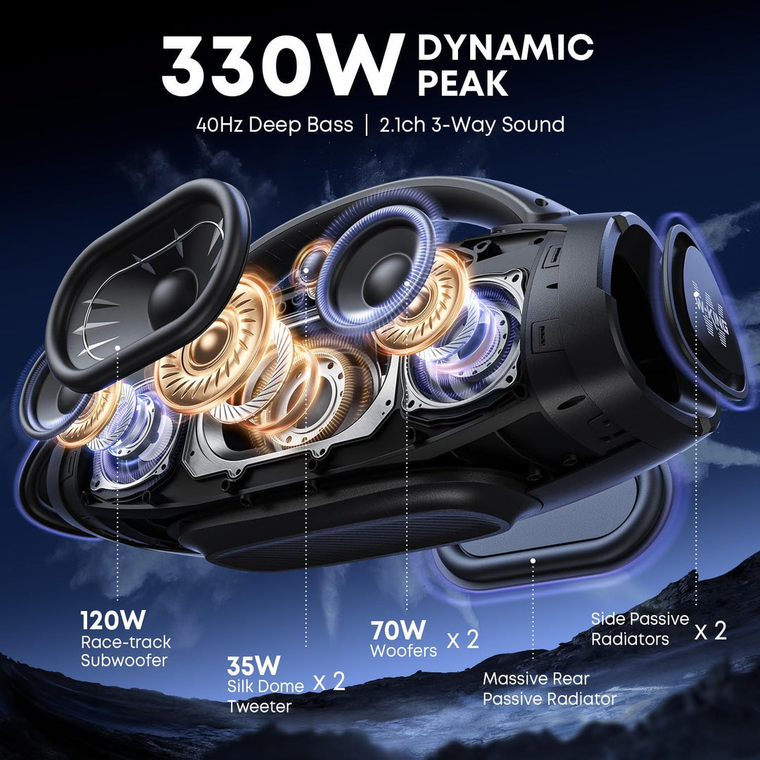 300W PEAK 200W RMS Bluetooth Lautsprecher, W-KING Musikbox Gross mit Subwoofer/EQ APP, Laut Tragbare