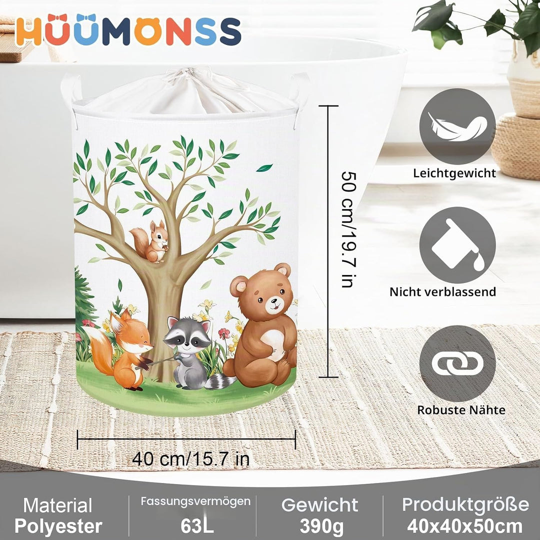 HUUMONSS Süsses Waldtier Gross Wäschekorb Baum Laub Stoff Aufbewahrungskorb Kleidung Spielzeug Aufbe
