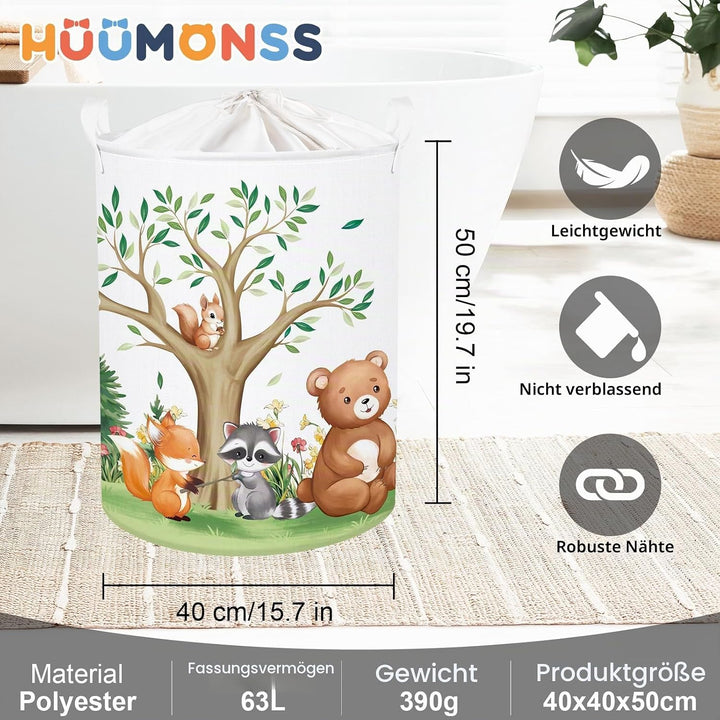 HUUMONSS Süsses Waldtier Gross Wäschekorb Baum Laub Stoff Aufbewahrungskorb Kleidung Spielzeug Aufbe