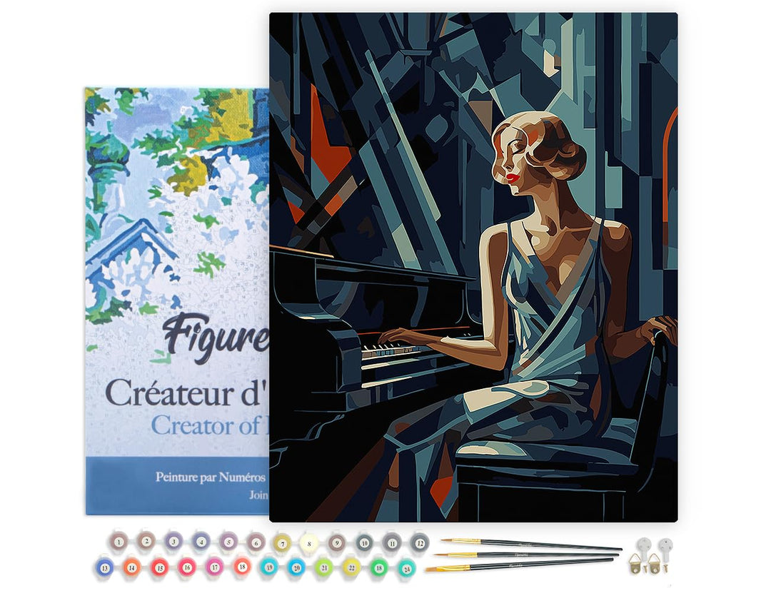 Figured'Art Malen Nach Zahlen Erwachsene Mit Rahmen Art-Deco-Frau am Klavier - Paint by Numbers Bast