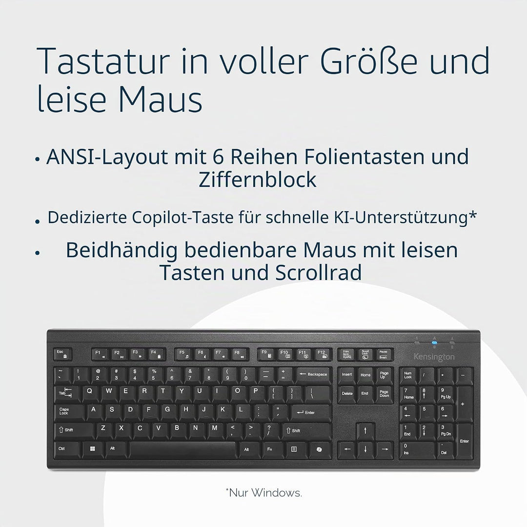 Kensington KM270 EQ Set Wiederaufladbare kabellose Full-Size Tastatur und beidhändige geräuschlose M
