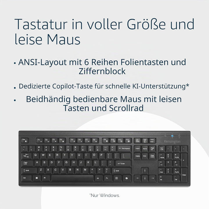 Kensington KM270 EQ Set Wiederaufladbare kabellose Full-Size Tastatur und beidhändige geräuschlose M