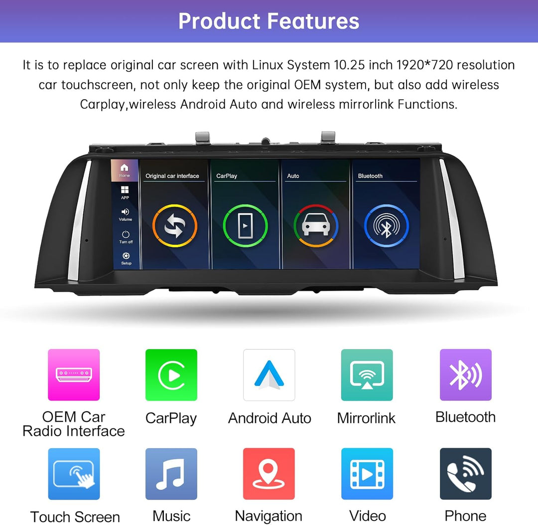 Road Top 10,25 Zoll Autoradio Touchscreen Drahtlos CarPlay Android Auto für BMW 5 Serie F10/F11 2010