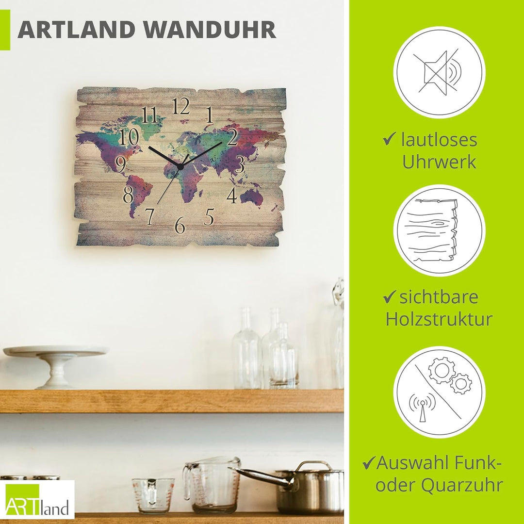 ARTLAND Wanduhr ohne Tickgeräusche aus Holz Quarz Uhr lautlos 40x30 cm Rechteckig Weltkarte Landkart