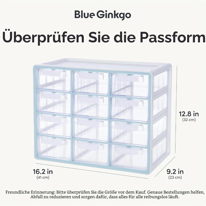BLUE GINKGO Grosser Aufbewahrungsschrank mit 12 Schubladen – stapelbare Perlen- und Bastelaufbewahru