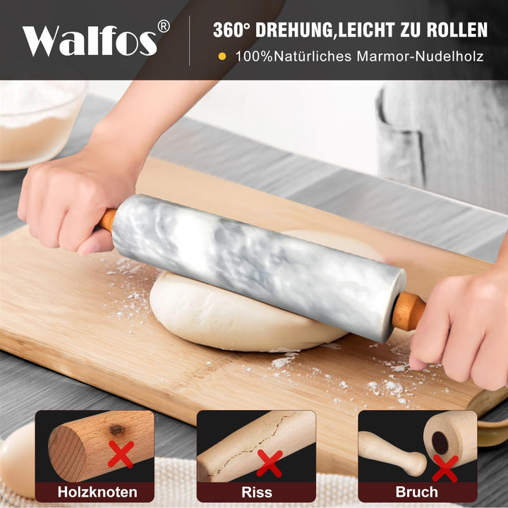 Walfos Nudelholz Marmor mit Holzgriffen & Holzwiege, 42cm Marmor-Nudelholz zur Herstellung von Pizza