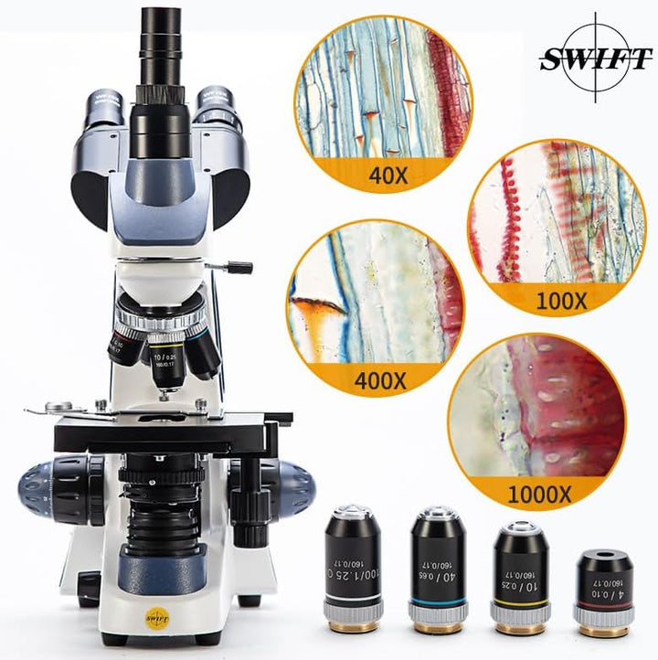 SWIFT SW380T Trinokulares Durchlicht Mikroskop 40X-2500X-Vergrösserung,Siedentopfkopf,Labor mikrosko