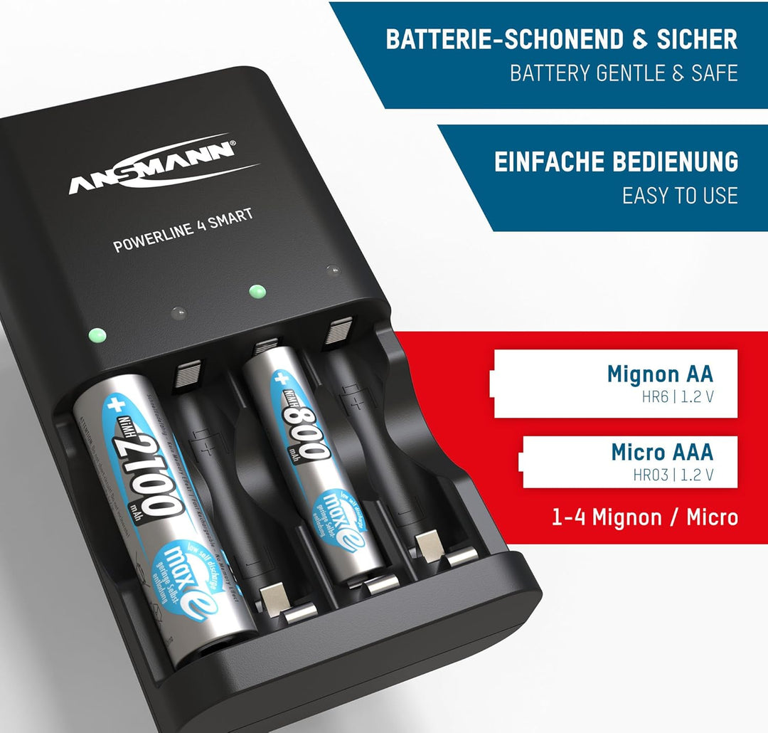 ANSMANN Batterieladegerät inkl. 4X AA Akkus 2100mAh - Automatik Batterie Ladegerät mit Repair-Modus