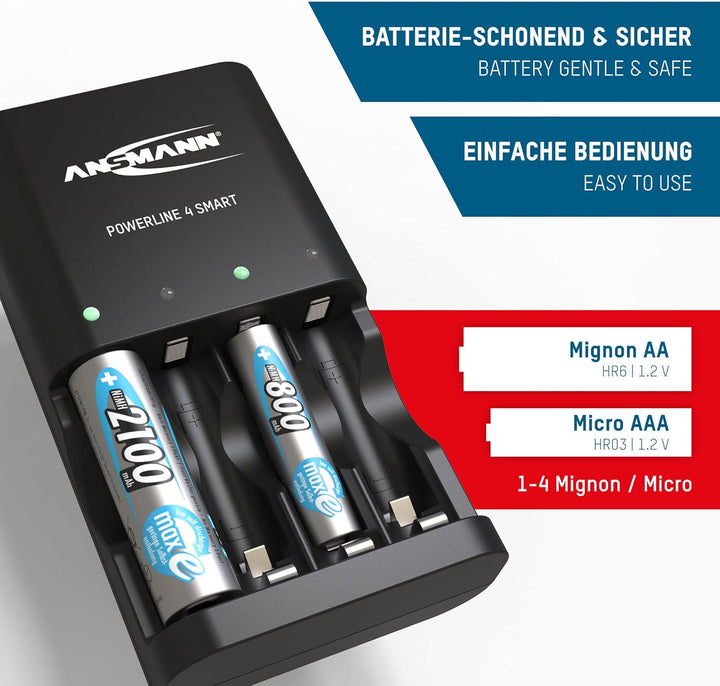 ANSMANN Akkuladegerät mit Repair Modus inkl. 4x 800 mAh NiMH AAA Akkus – Automatik Ladegerät für 4x