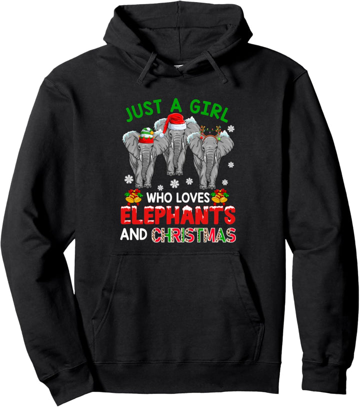 Girl Loves Elephants Xmas Three Santa Reindeer Elf Elephants Pullover Hoodie