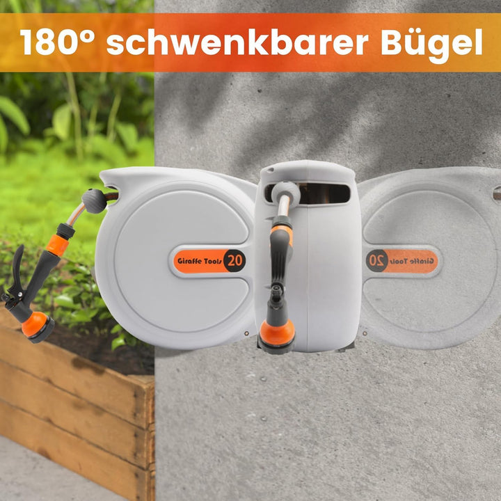 Giraffe Tools Automatische Schlauchtrommel 20m + 2m, Wandmontierbare Schlauch Trommel 180° Schwenkba