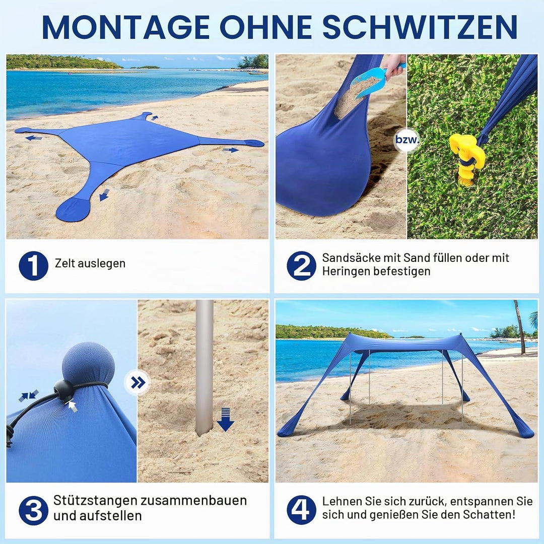 Sportneer Strandmuschel UV Schutz, Strandzelt 3m x 3m x 2m High UPF50+ mit 4 Alustangen 4 Sandsäcken