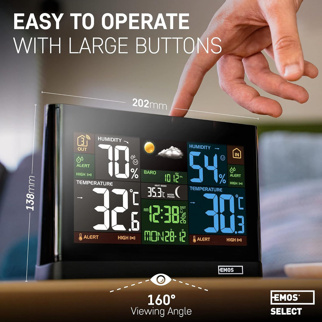EMOS Wetterstation - Drahtloses System mit Farbdisplay, zur Wettervorhersage, für drinnen & draussen