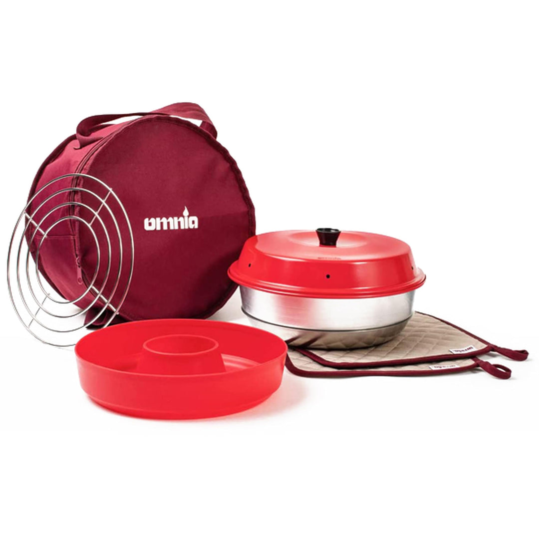 OMNIA Ofen Kit mit Zubehör - Set mit Campingofen, Silikonform, Aufbackgitter, Tasche und Topflappen,