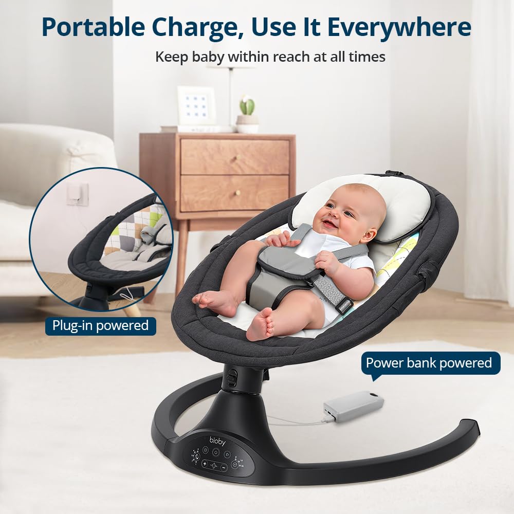 Bioby Elektrische Babywippe | Babyschaukel mit 5-Punkt-Gurt & 5 Schaukelmodi, Leicht & Sicher Wippe