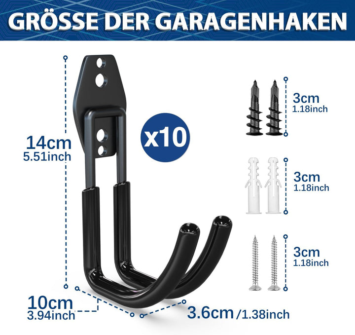 3-H Wandhaken Garage, Doppelhaken, Gerätehaken 10 Stück, Wandhaken Schwerlast für Leiter, Werkzeuge,