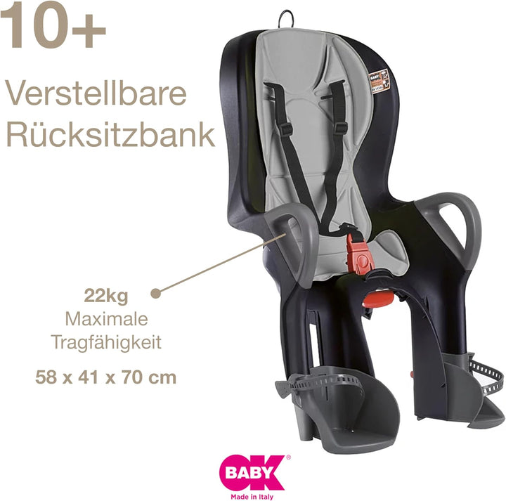 OKBABY 10+ - Fahrradsitz hinten für Kinder bis 22 kg mit Liegefunktion - Schwarz und Grau, Schwarz u