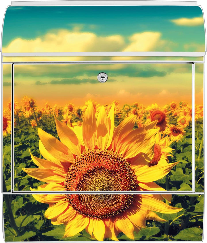 banjado® Design Briefkasten mit Motiv Sonnenblumen 39x47x14cm &amp; 2 Schlüssel - Briefkasten Stahl weis