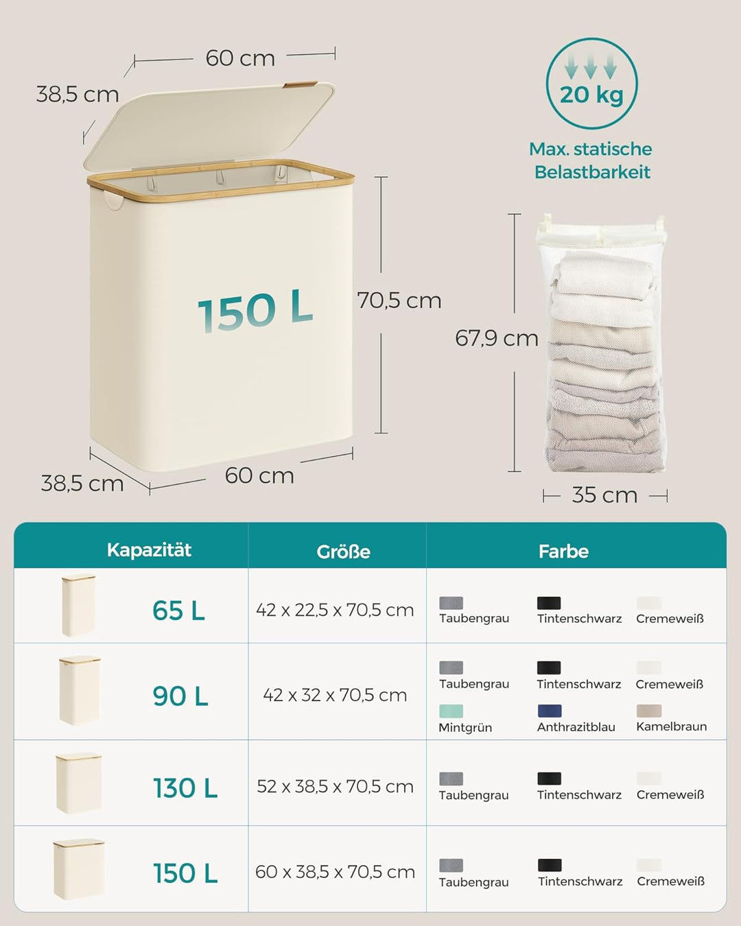 SONGMICS Wäschekorb mit Deckel, Wäschesammler mit 3 Fächern, 150 L, herausnehmbarer Wäschesack, Oxfo