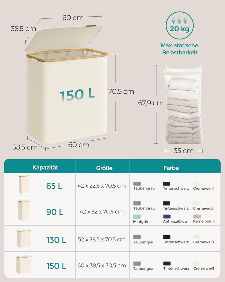 SONGMICS Wäschekorb mit Deckel, Wäschesammler mit 3 Fächern, 150 L, herausnehmbarer Wäschesack, Oxfo