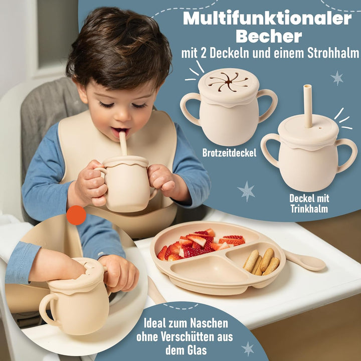 Kindergeschirr set aus Silikon mit Transport oder Aufbewahrungstasche - Kinderbesteck ab 1 jahr - Be
