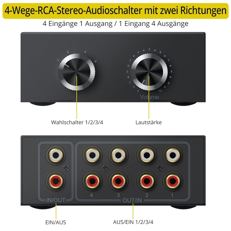 PROZOR Stereo Audio Schalter Cinch 4(1)-In-1(4)-Out RCA L/R Bidirektionaler Umschalter Stereo Audio