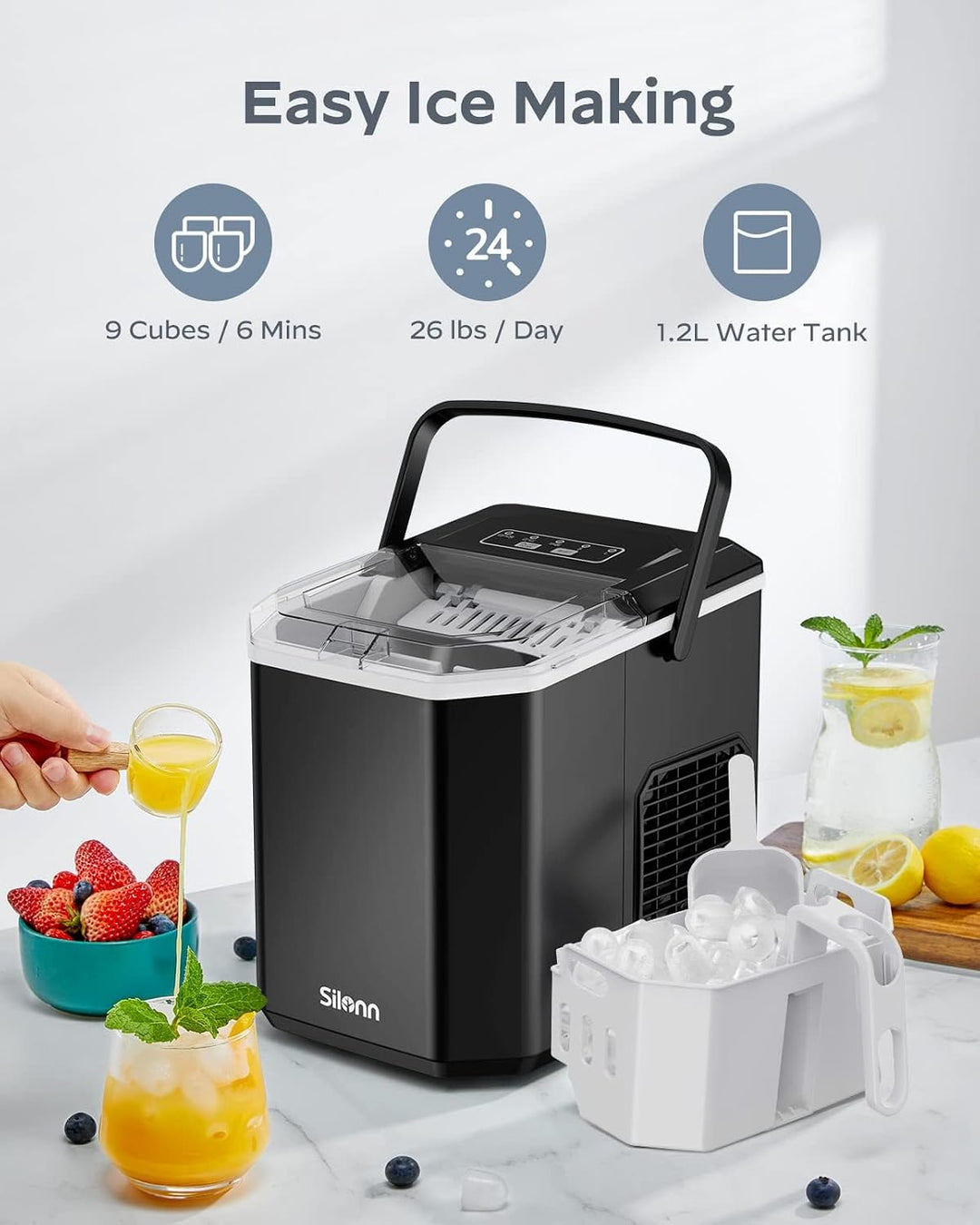 Silonn Eiswürfelmaschine mit Tragegriff &amp; Eiskorb, Mini Ice Maker mit Selbstreinigung, 9 Eiswürfel i