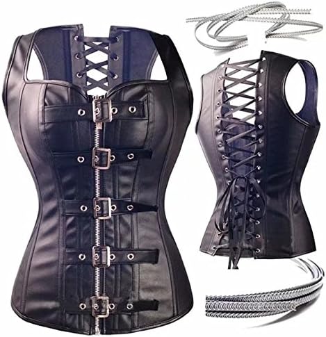 Jutrisujo Korsett Damen Leder Top Corsage Strapse Reissverschluss Bluse Frauen Schwarz, S