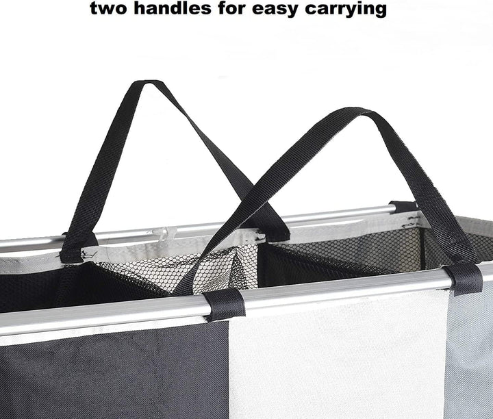 CNFQ Grosser Faltbarer Wäschekorb 3 Fächer mit Netz als Sichtschutz Schmutzwäschetasche mit Griff fü
