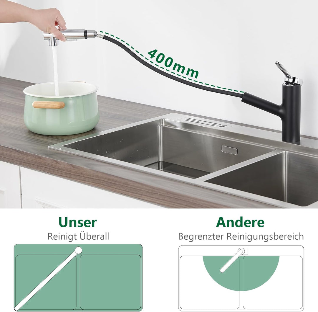 Kelleria Wasserhahn Küche Schwarz, Küchenarmatur mit Brause Ausziehbar 120° Drehbare, Spültischarmat
