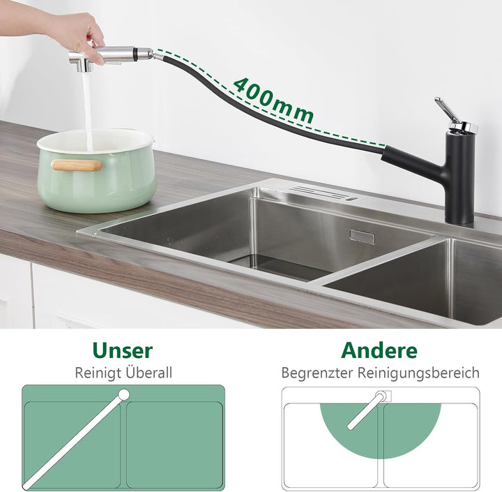 Kelleria Wasserhahn Küche Schwarz, Küchenarmatur mit Brause Ausziehbar 120° Drehbare, Spültischarmat