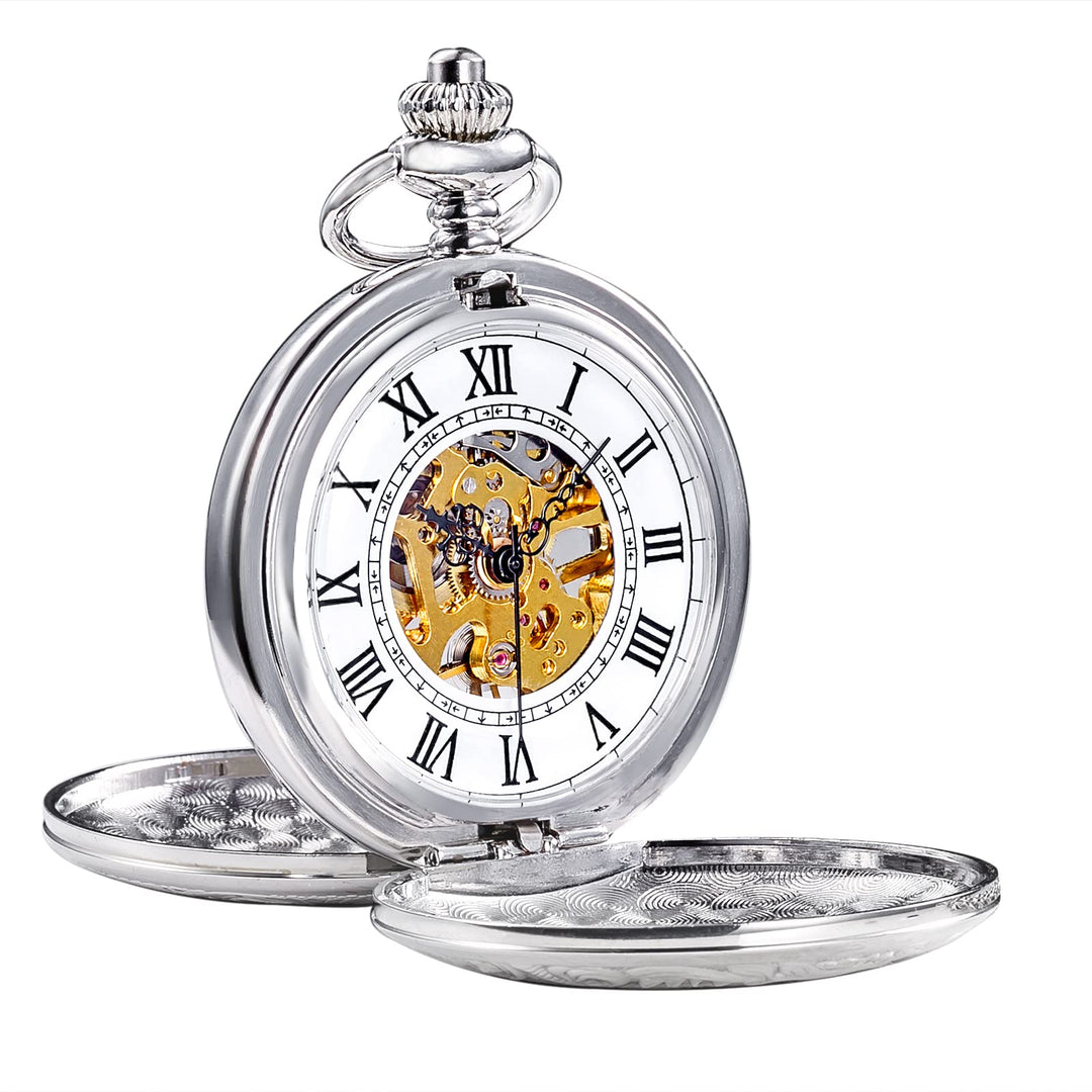 TREEWETO Unisex Taschenuhr mit Kette Analog Handaufzug Doppelscharnier Römische Ziffern Gold/Silber
