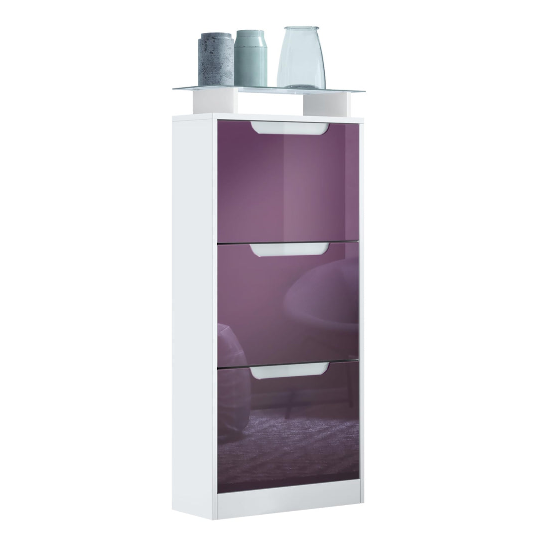 Vladon Schuhschrank Space V2, Schuhkipper für 12 Paar Schuhe mit 3 Klappen und Glasablage, Weiss mat